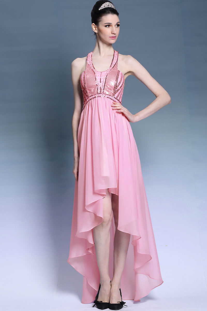 Chic Sequins Halter Asymmetric Pink Short Formal Dress
