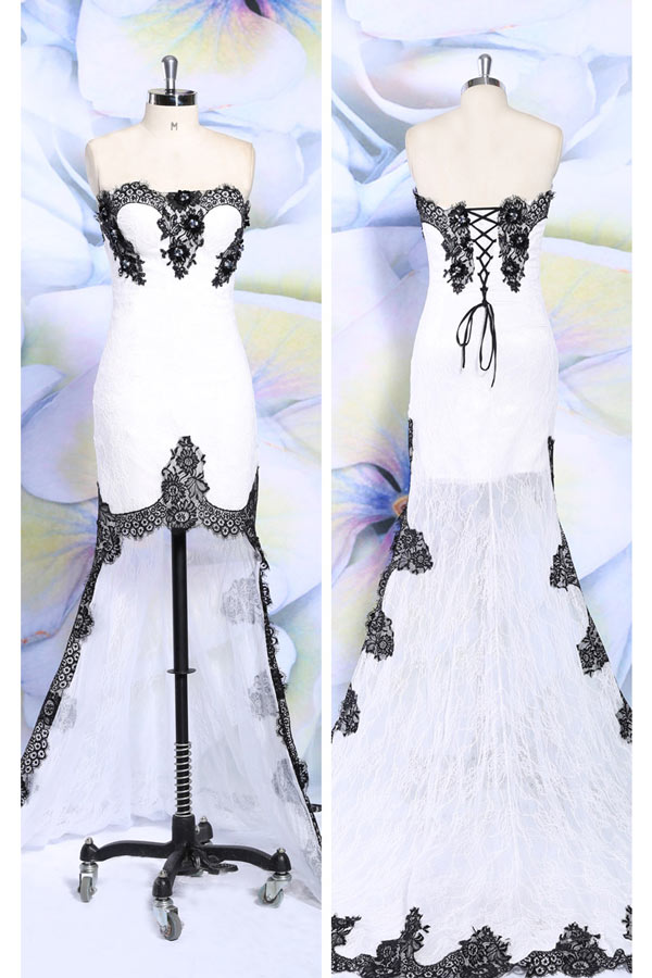 Modern High Low Sweetheart Lace Court Train White Evening Dress