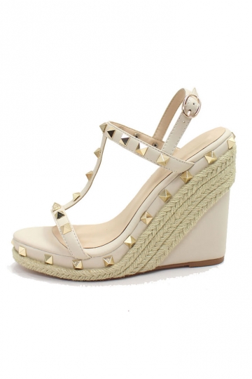 Elegant Nude Studded T Strap Slingbacks Sandals