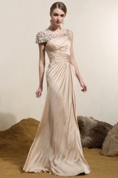 Silk Like Satin Straps Long Champagne Evening Gown