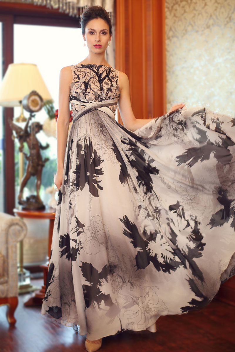 Unique Bateau Sleeveless Chiffon Print Long Gray Evening Dress