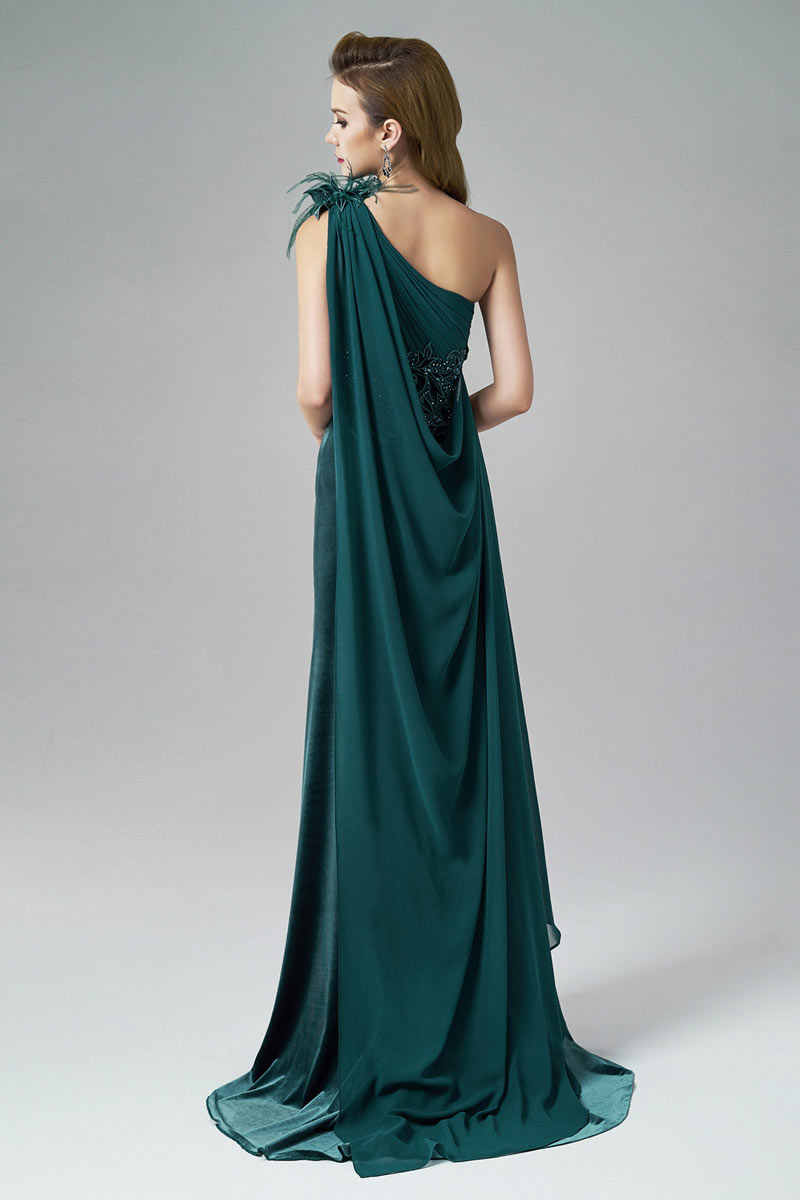 One Shoulder Feather Sheath Ruching Green Evening Gown