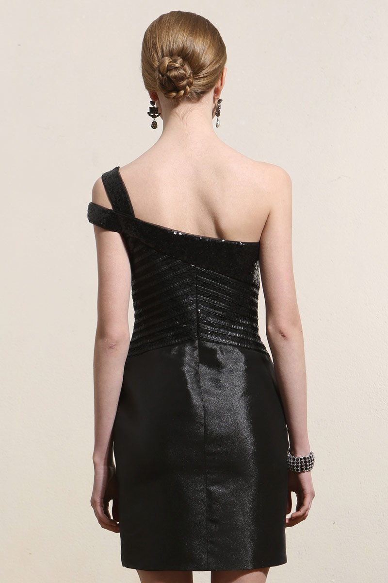 One Shoulder Sequins Satin Little Black Dress