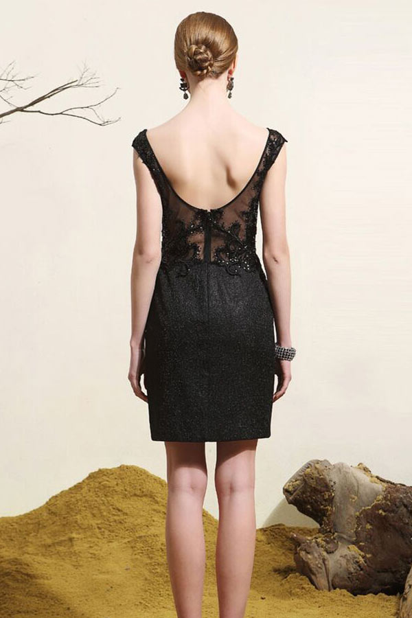 Sheath Cap Sleeves Lace Black Cocktail Gown
