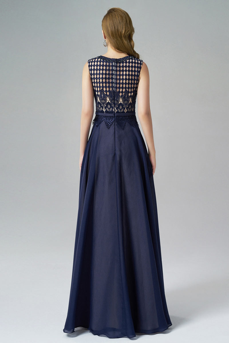 Scoop Sleeveless A-line Chiffon Long Blue Evening Dress