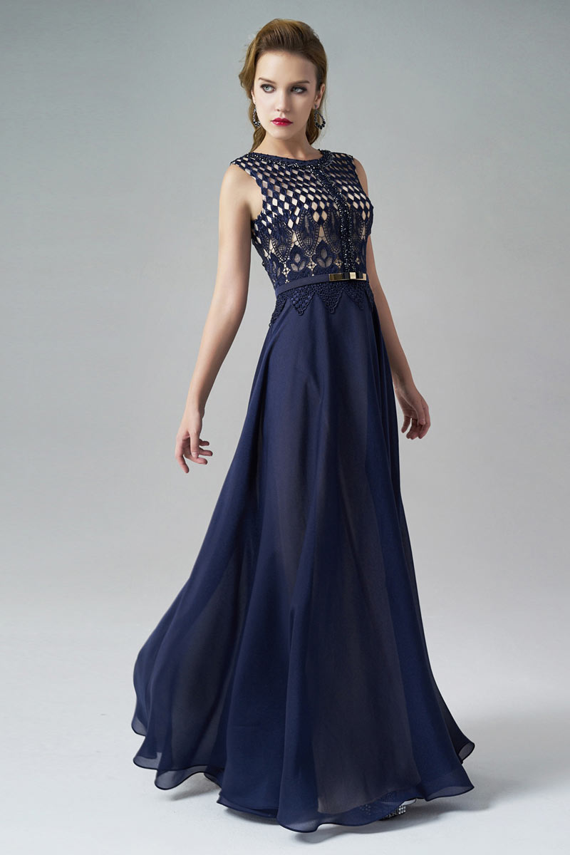 Scoop Sleeveless A-line Chiffon Long Blue Evening Dress