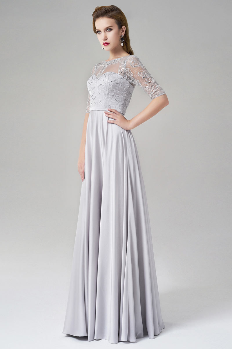 Silk Like Satin Half Sleeves A-line Long Gray Evening Dress