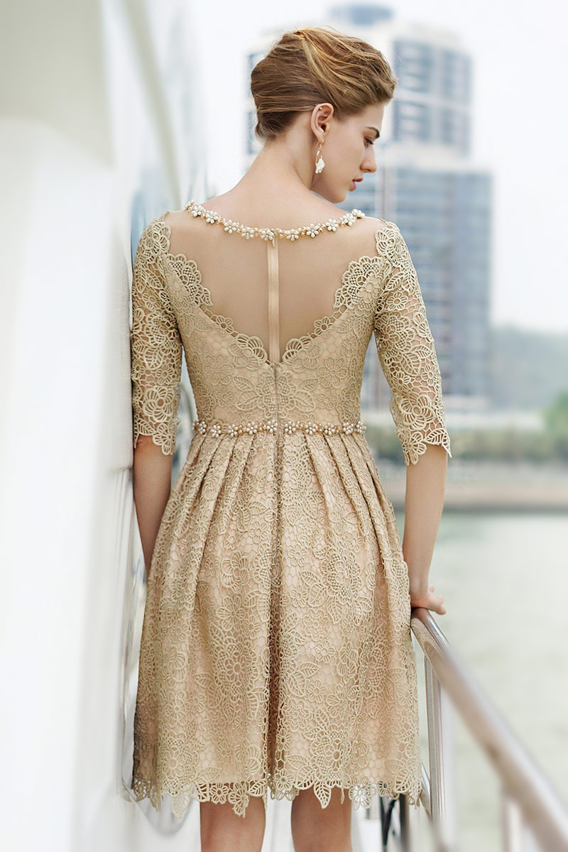 Chic Scoop Beading Half Sleeves Lace Formal Dress
