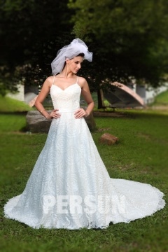 A Line Lace Cathedral Train Ivory Spaghetti Straps Wedding Gown