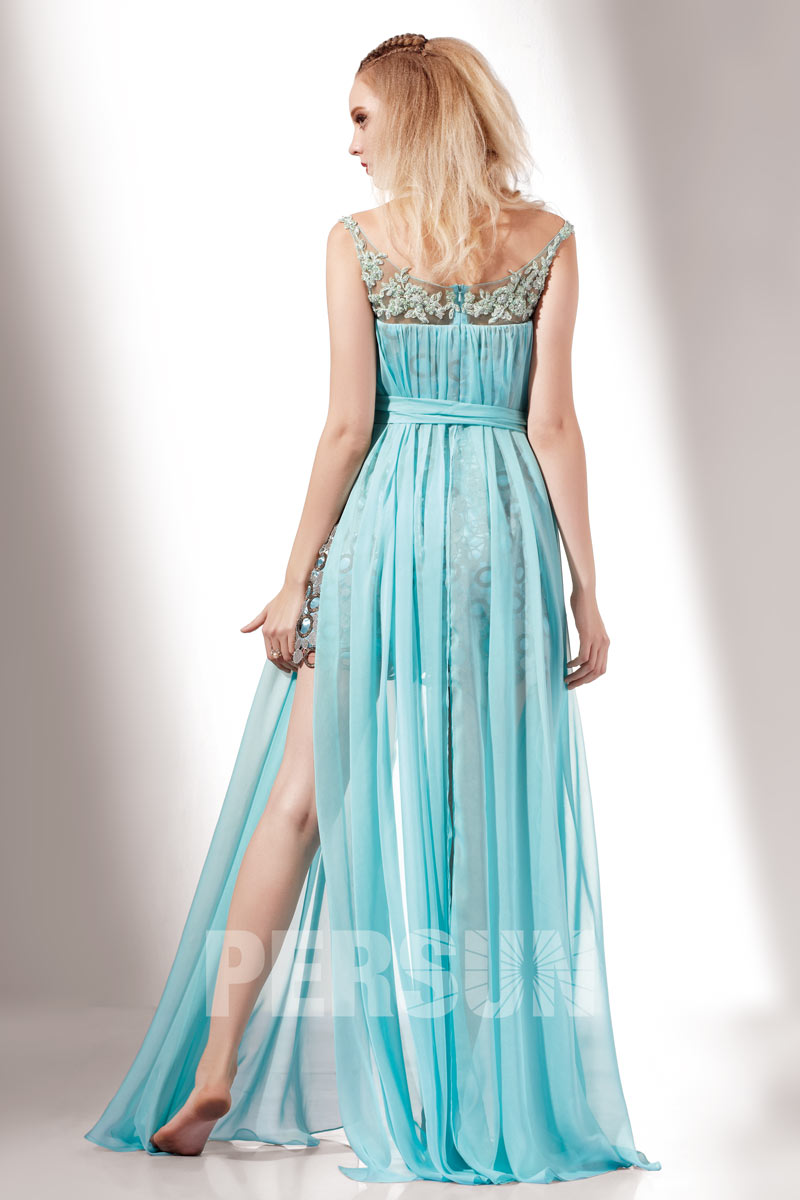Sexy Blue Lace details Front slit Formal Evening Dress Persun