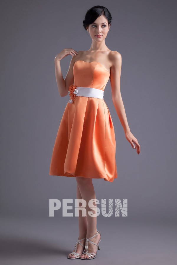 Elegant Satin A Line Strapless Knee Length Orange Flower Formal Bridesmaid Dress