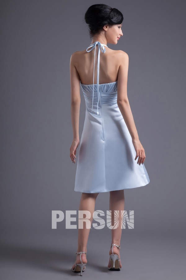 Simple Blue Satin A Line Halter Knee Length Flower Formal Bridesmaid Dress