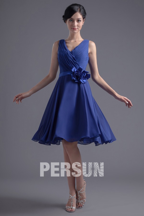 Elegant Blue V Neck Chiffon Sash Natural Knee Length Formal Bridesmaid Dress