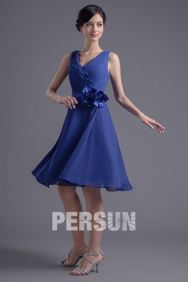 Elegant Blue V Neck Chiffon Sash Natural Knee Length Formal Bridesmaid Dress