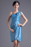 Simple Blue Taffeta One Shoulder A Line Flower Formal Bridesmaid Dress