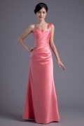 Elegant A line One-shoulder Beaded Runching Elastic Slik-like Satin Evening Dress