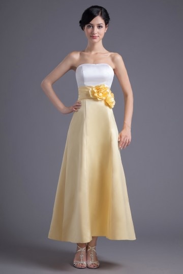 Elegant A line Empire Waist Handmade Flowers Contrast Color Satin Ankle-Length Bridesmaid Dress