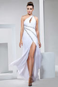Sexy A line One-Shoulder Beaded Runching Side Slit Chiffon Ankle-length Cocktail Dress