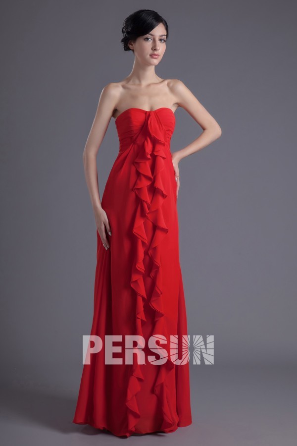 Simple Chiffon Strapless A Line Ruffles Long Red Formal Bridesmaid Dress