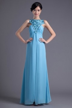 Vintage Blue Chiffon A Line Long Scoop Embroidery Formal Bridesmaid Dress