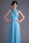 Vintage Blue Chiffon A Line Long Scoop Embroidery Formal Bridesmaid Dress