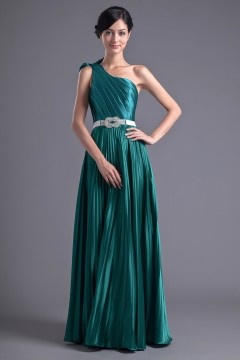 Simple Elastic Satin One Shoulder A Line Green Formal Bridesmaid Dress