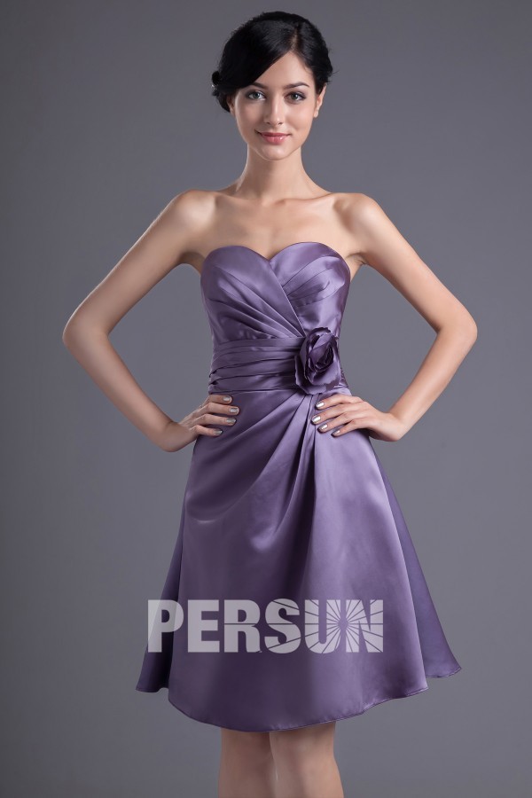 Cute Sweetheart Purple Satin Flower Short Formal Bridesmaid Dress