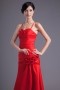 Long Red Spaghetti Strap A Line Flower Formal Bridesmaid Dress