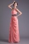 One shoulder Lace Applique Beaded Swing Pleated Wraped Chiffon Floor length Evening Dress