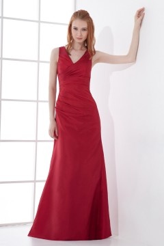 A line V neck Ruched Hip Wraped Taffeta Long Formal Bridesmaid Dress