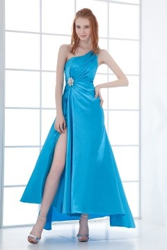 Sexy One Shoulder Side Slit Beading Taffeta Ankle length School Formal Dress