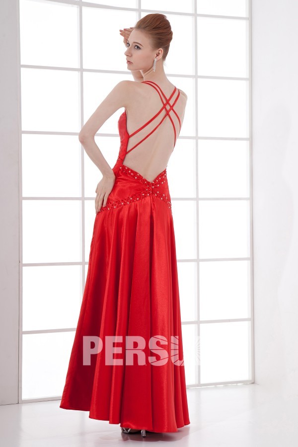 A line Spaghetti Straps Backless Beading Hip Wraped Elastic Satin Long Formal Dress