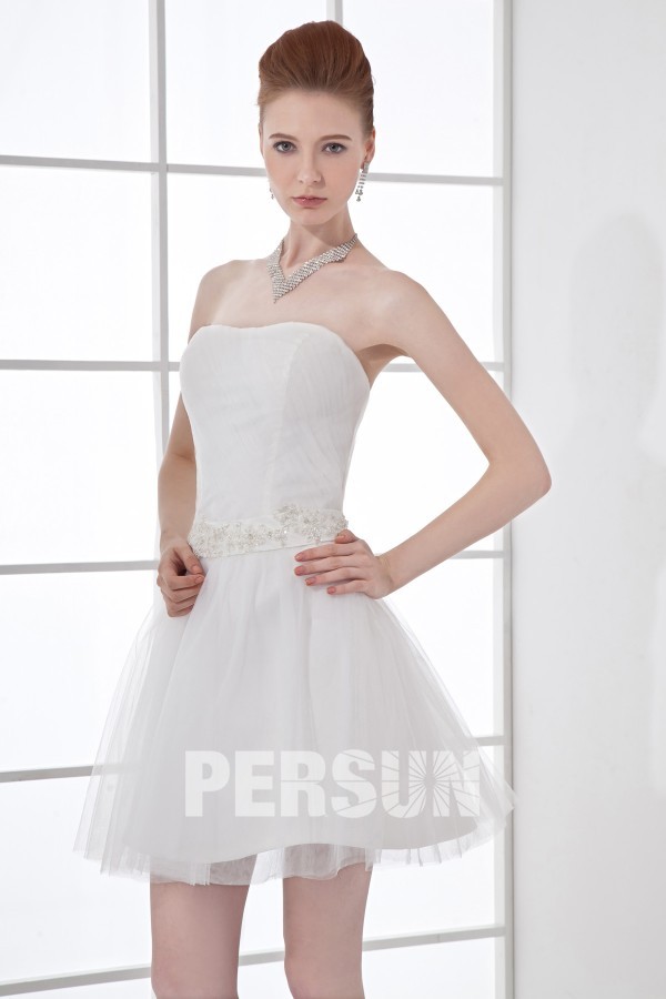 A line Strapless Applique Mesh Short Formal Gown