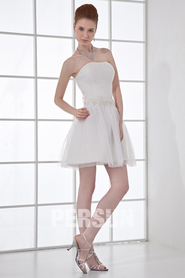 A line Strapless Applique Mesh Short Formal Gown