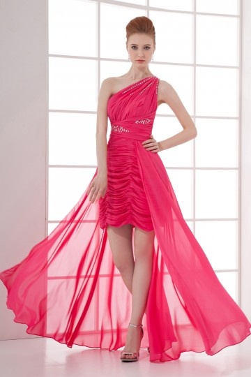 Dressesmall One Shoulder Beaded Runching Wraped Chiffon High low Prom Dress