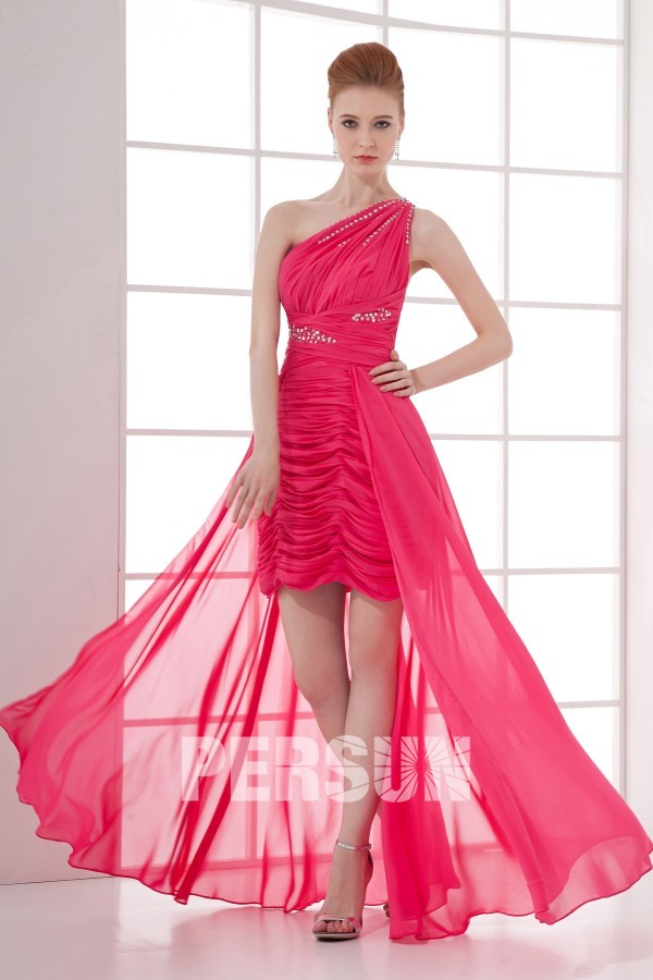One Shoulder Beaded Runching Wraped Chiffon High low Prom Dress