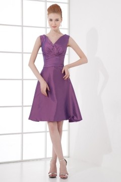 Simple A line V neck Ruching Waistband Knee length Formal Bridesmaid Dress