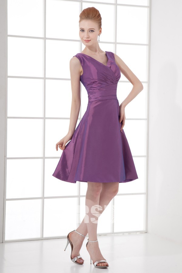 Simple A line V neck Ruching Waistband Knee length Formal Bridesmaid Dress