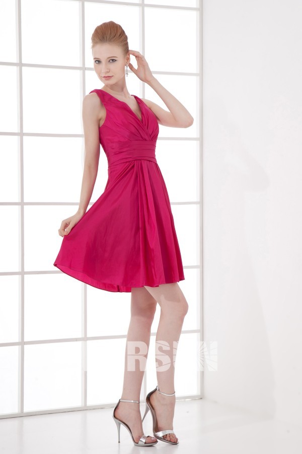 Simple A line V neck Empire Waist Taffeta Short Formal Bridesmaid Dress