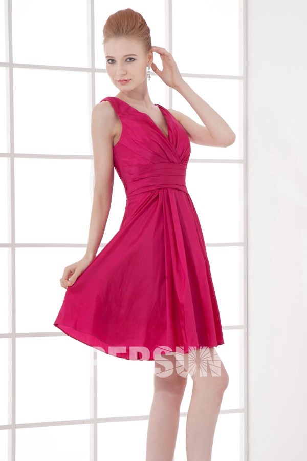 Simple A line V neck Empire Waist Taffeta Short Formal Bridesmaid Dress