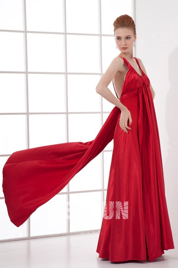 Sexy A line Round Neck Backless Empire Waist Pleated Elastic Satin Long School Formal Dress