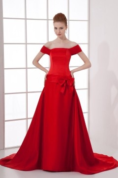 Elegant A line Boat Collar Knowbow Waist Band Satin Trailing Formal Dress