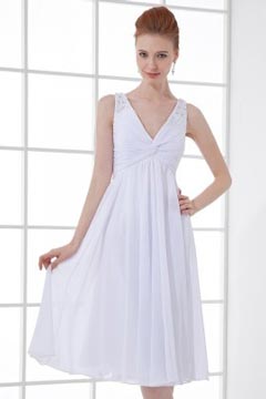 Simple V neck Empire Beaded Ruching Chiffon Knee length Formal Bridesmaid Dress