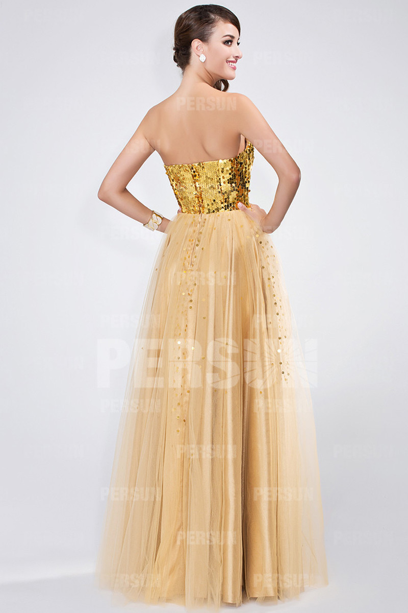 Sequined Sweetheart Strapless Tulle Golden Princess Formal Dress