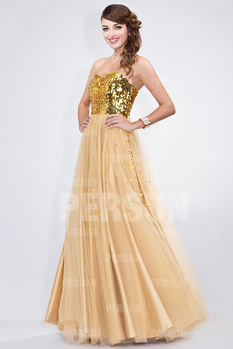 Sequined Sweetheart Strapless Tulle Golden Princess Formal Dress