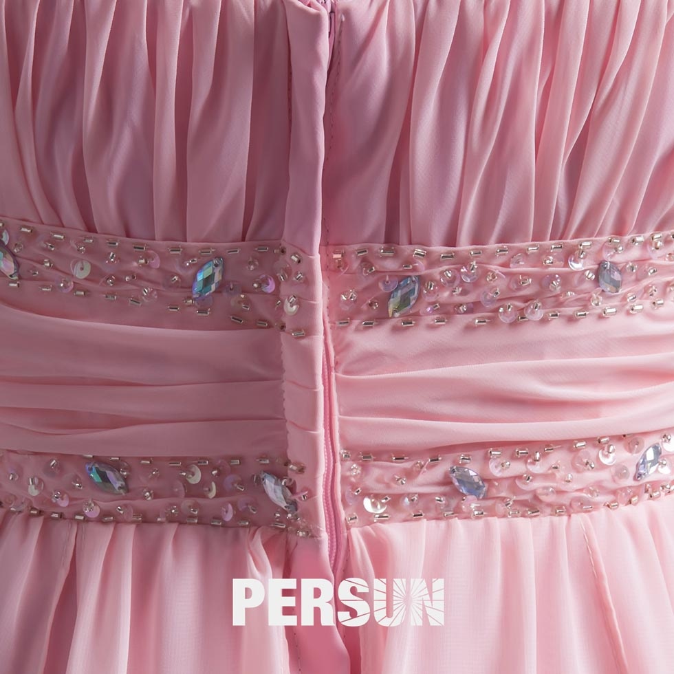  pink short strapless pleats beading a line chiffon cocktail dress back design