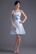 Elegant Satin Strapless A Line Short Blue Flower Bridesmaid Dress