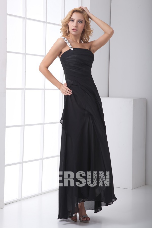 Simple One Shoulder Ruched Ankle Length Black Chiffon Evening Dress