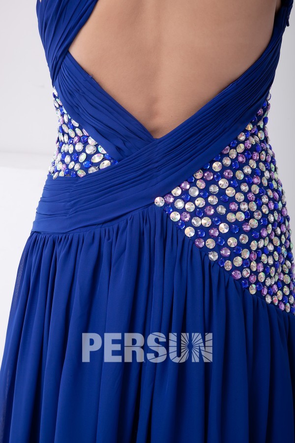 Pretty Backless One Shoulder Diamonds Split Blue Chiffon Formal Dress