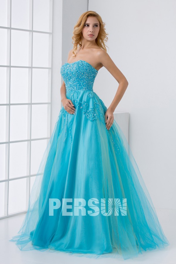 Princess Strapless Beaded Tulle Blue Formal Dress